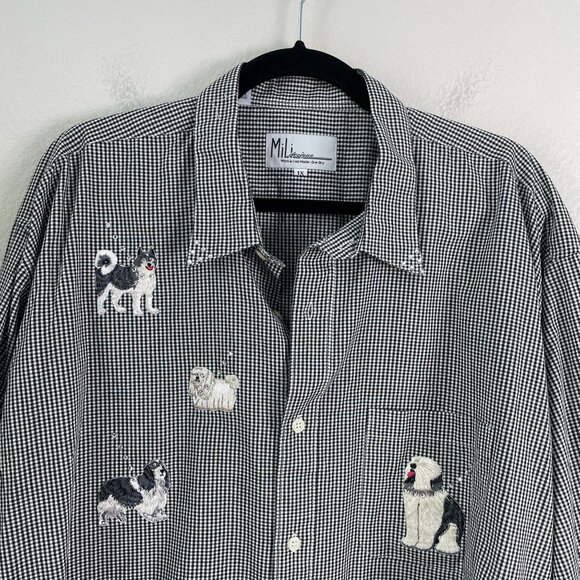 Mili Designs Womens Plus 1X Button Up Shirt Black White Dog Embroidered Gingham - Picture 10 of 15